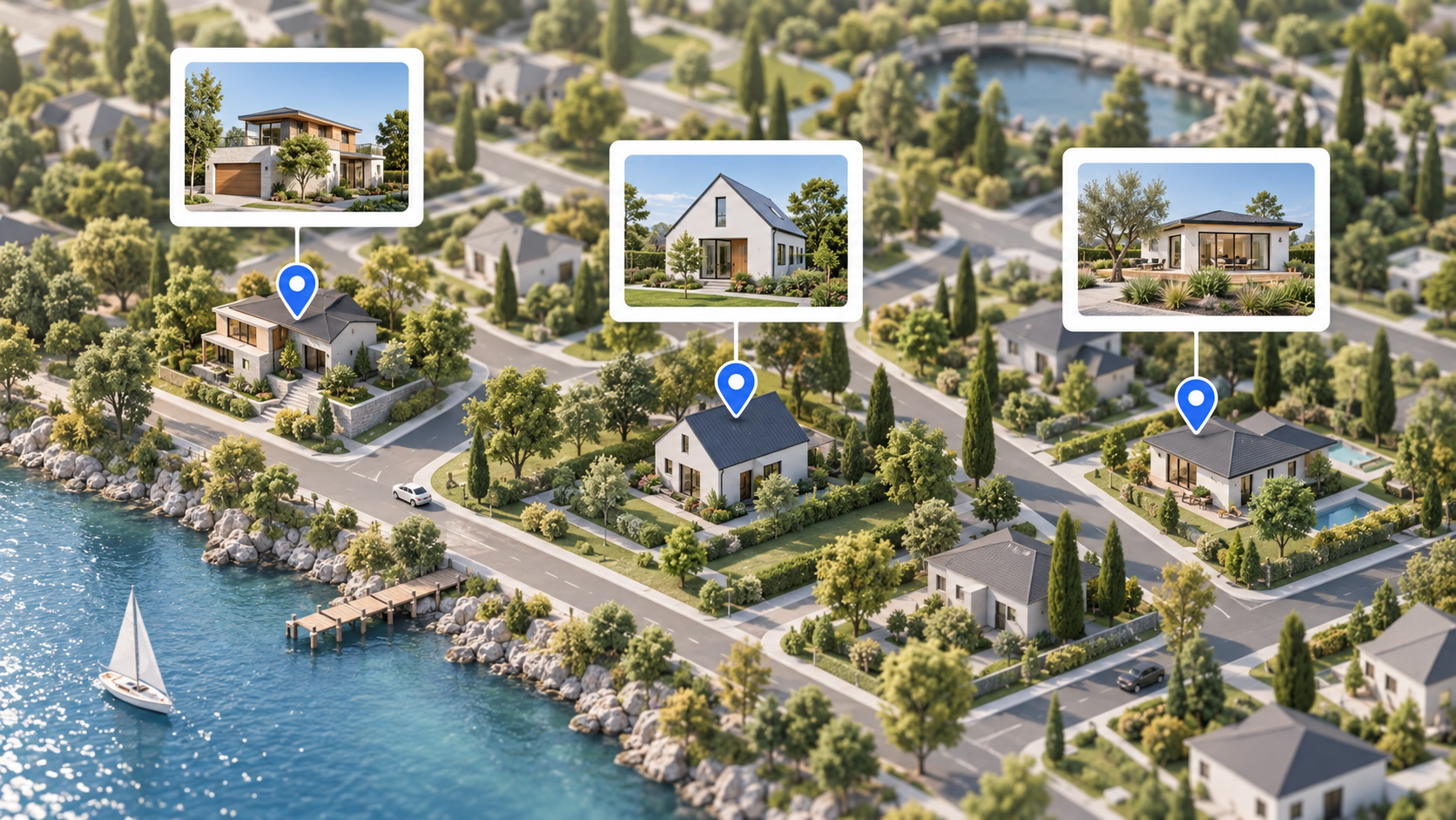 Illustration d’un catalogue de maisons sur une carte interactive